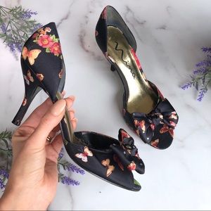 Nina black floral d’orsay open toe bow heels